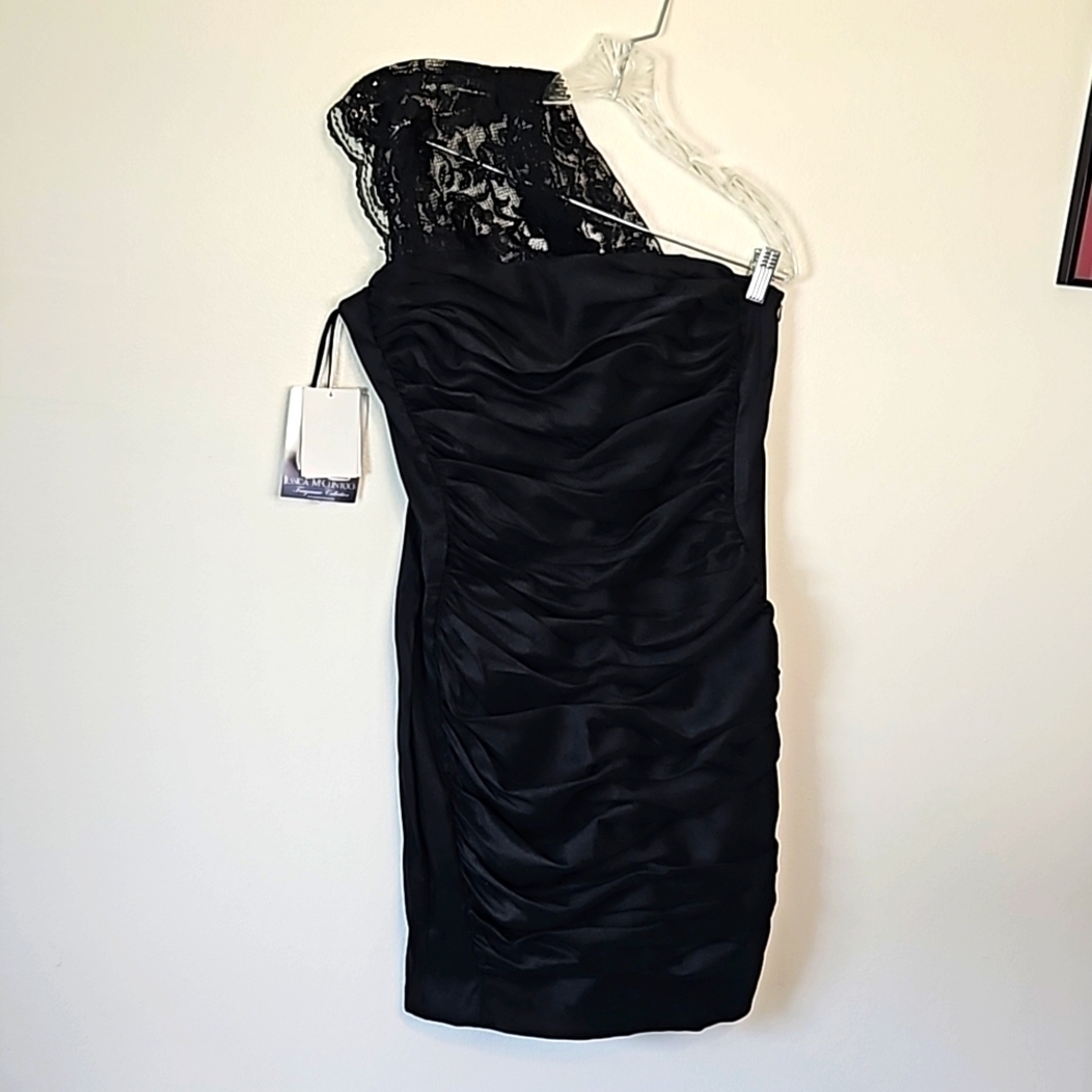 Jessica McClintock Black Lace One Shoulder Dress Size 12 NWT